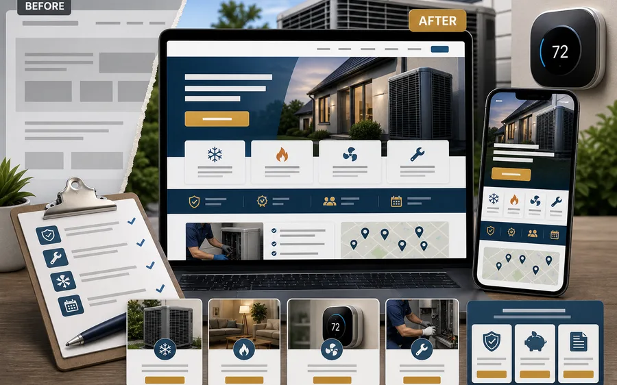 HVAC website rebuild sample with repair, replacement, and maintenance paths