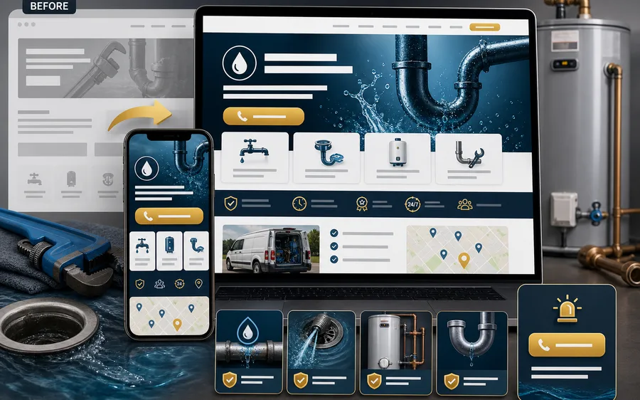 Plumbing website rebuild sample with emergency service and call-first mobile paths