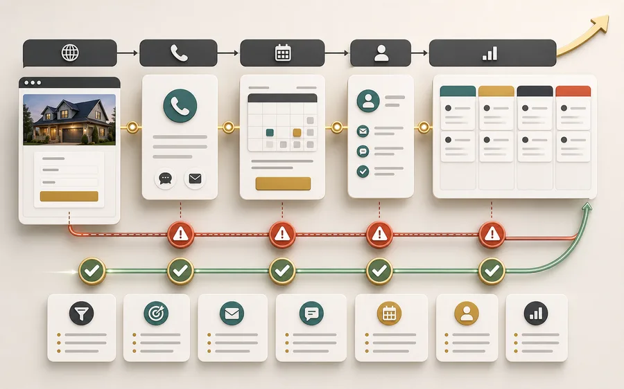 Lead funnel repair flow with form, phone, booking, CRM, and tracking panels