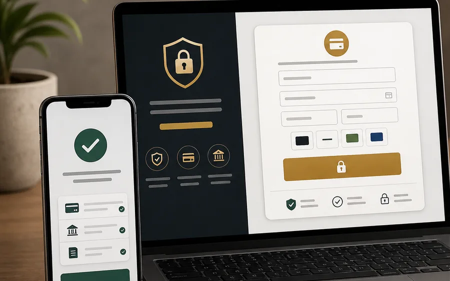 Secure online checkout and invoice payment flow shown on laptop and phone